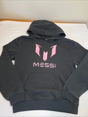Messi Logo Black Hoodie with Pink Graphic, size large (10/12)